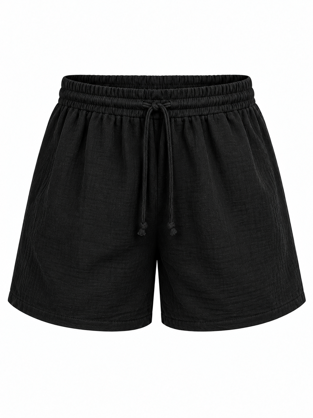 Black textured cotton drawstring shorts with an elastic waistband, shown against a plain white background.