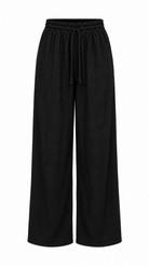 Black wide-leg pants with an elastic drawstring waist, shown against a plain white background.