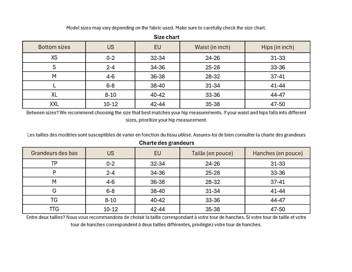 A size chart in English and French showing hip measurement conversions from US, EU, and centimeter sizes to bottom sizes XS through XXL.