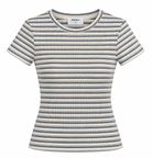 A women's short-sleeve ribbed t-shirt with horizontal gray and white stripes, shown flat against a white background. The brand name MENNILLO.