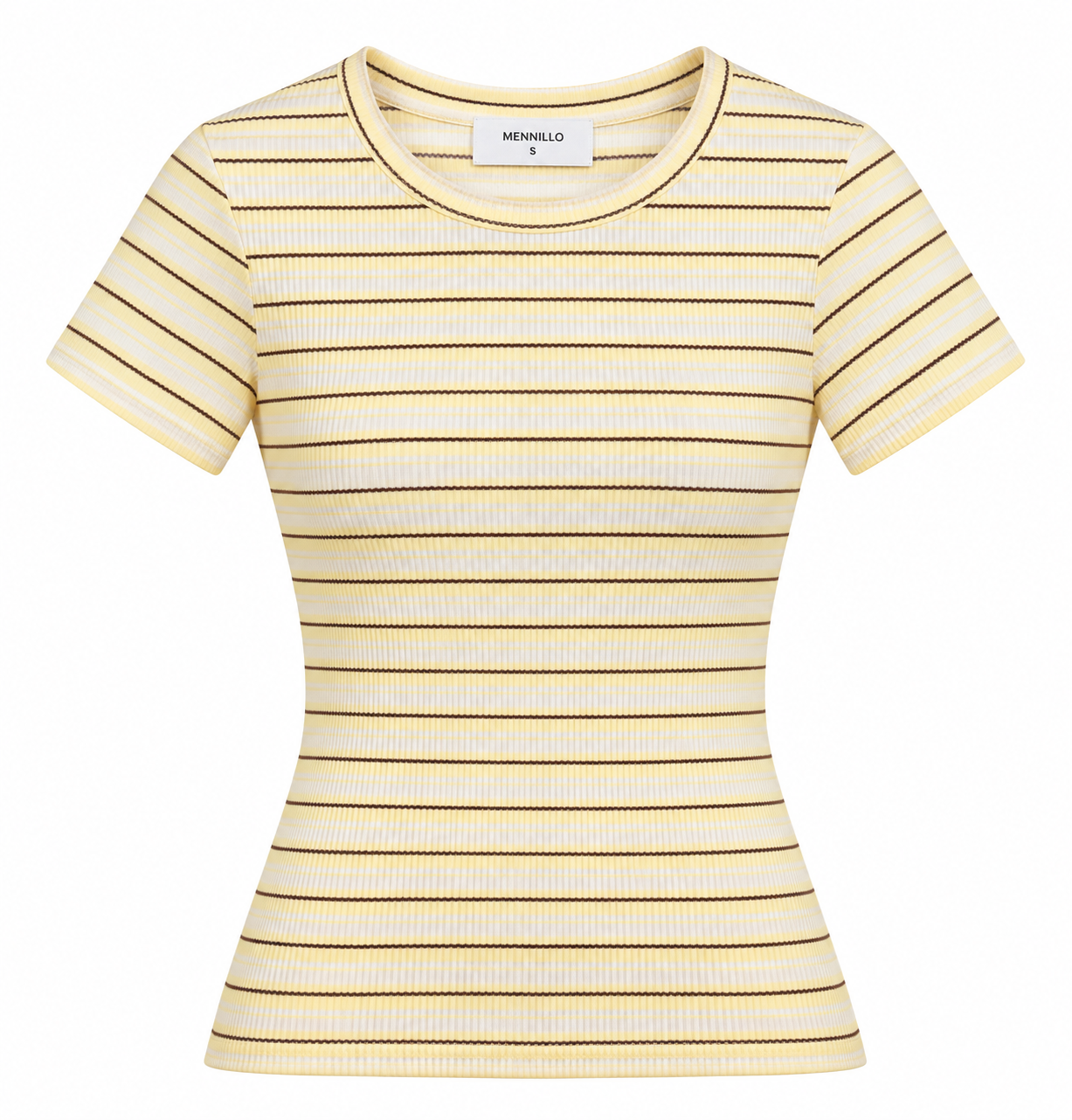 A women's short-sleeve ribbed knit t-shirt by Menillo, featuring horizontal stripes in yellow and dark brown on a cream base, shown against a plain white background.