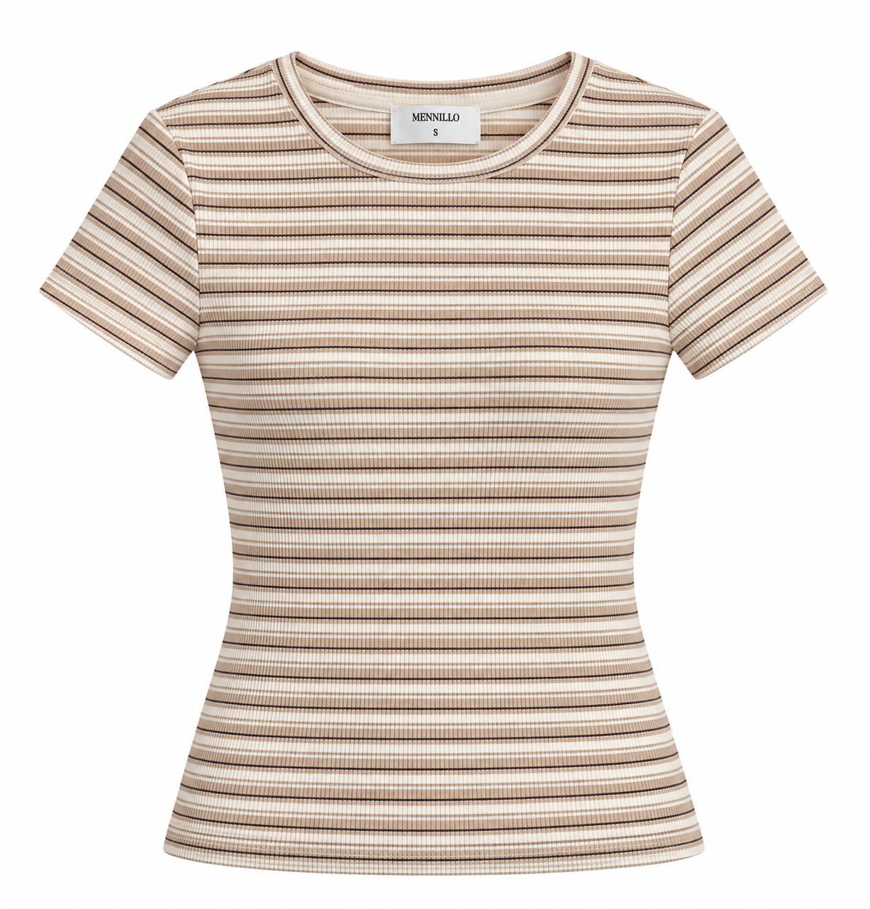 A women's short-sleeve ribbed t-shirt by Mennillo, featuring horizontal beige and brown stripes on an off-white base, shown against a plain white background.