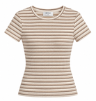 A women's short-sleeve ribbed t-shirt by Mennillo, featuring horizontal beige and brown stripes on an off-white base, shown against a plain white background.