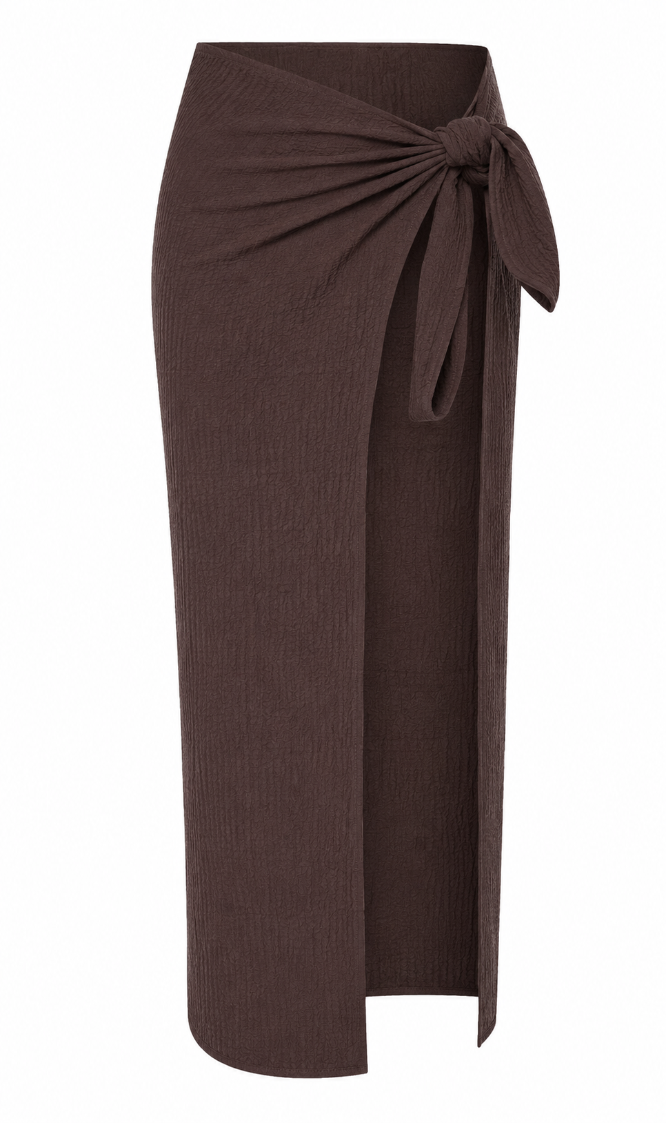 A dark brown crinkle sarong with a large side knot detail, shown against a plain white background.