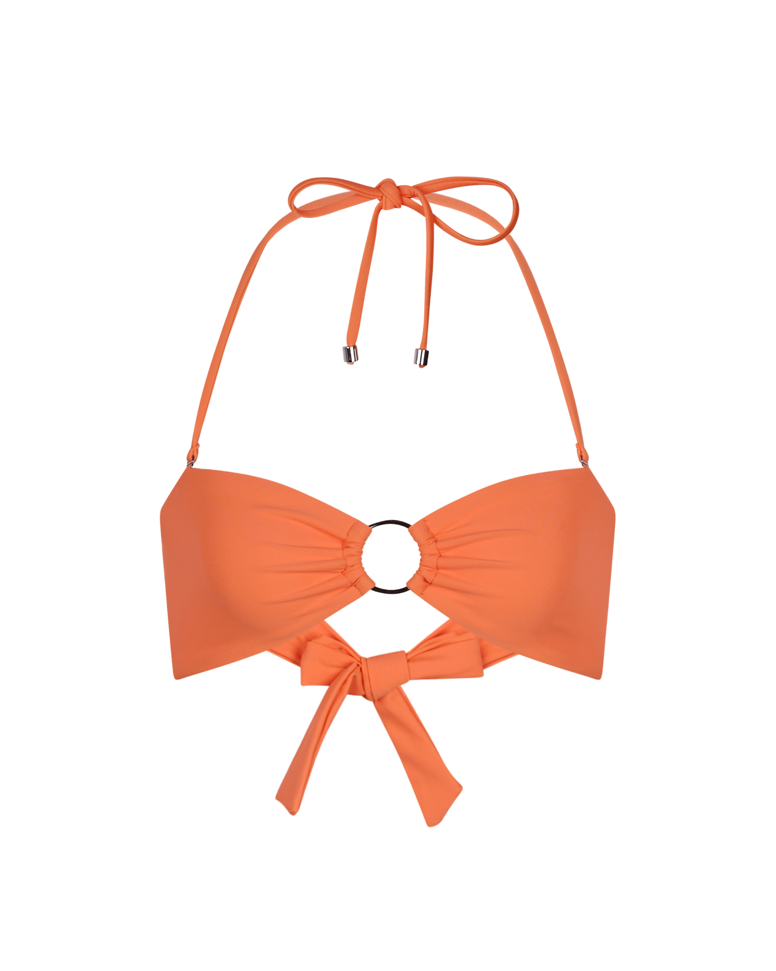 The Hailey bikini top in bright Tangerine, designed by a Canadian swimwear brand and displayed on a white background. 