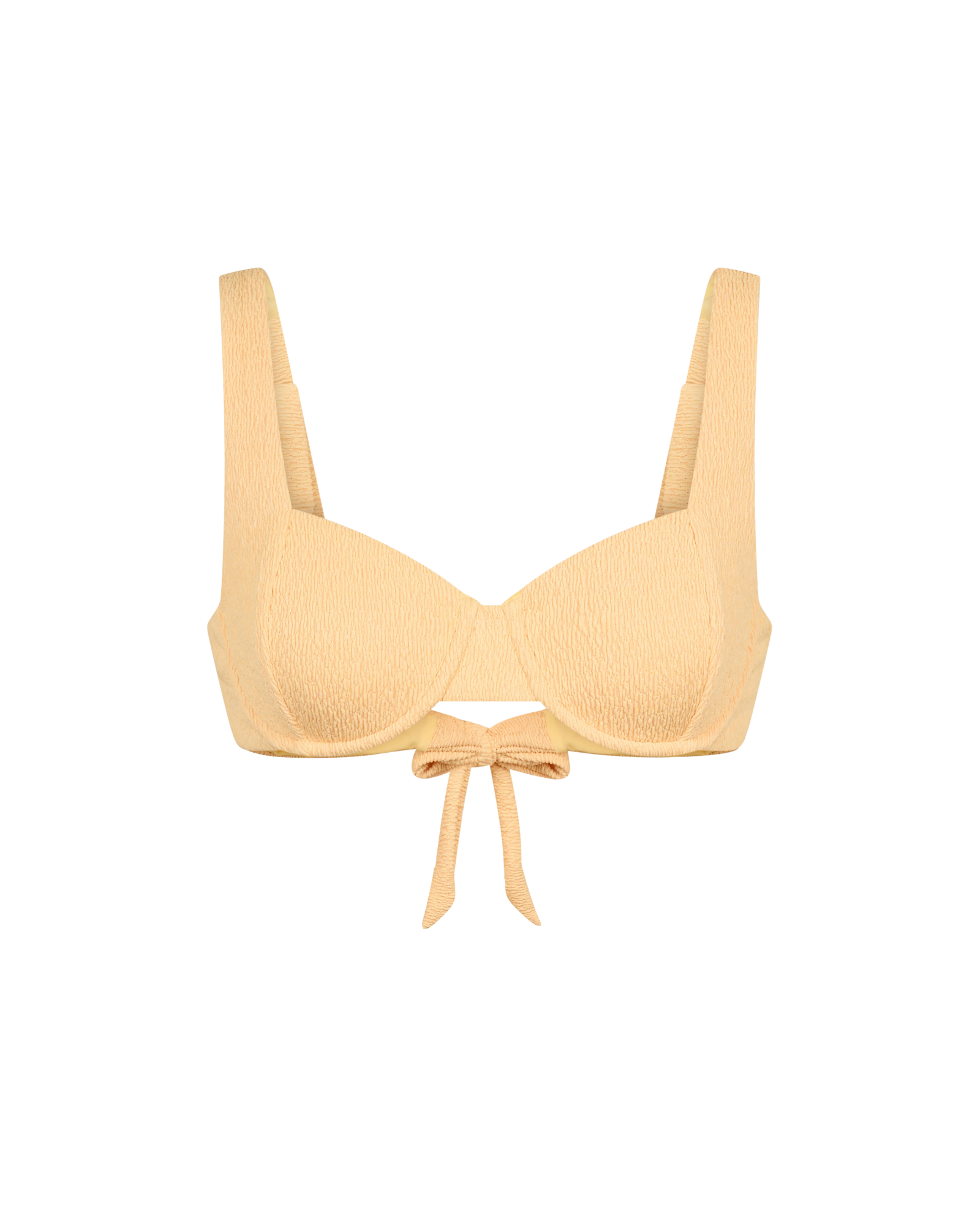 Yellow bikini top with a bow on a white background