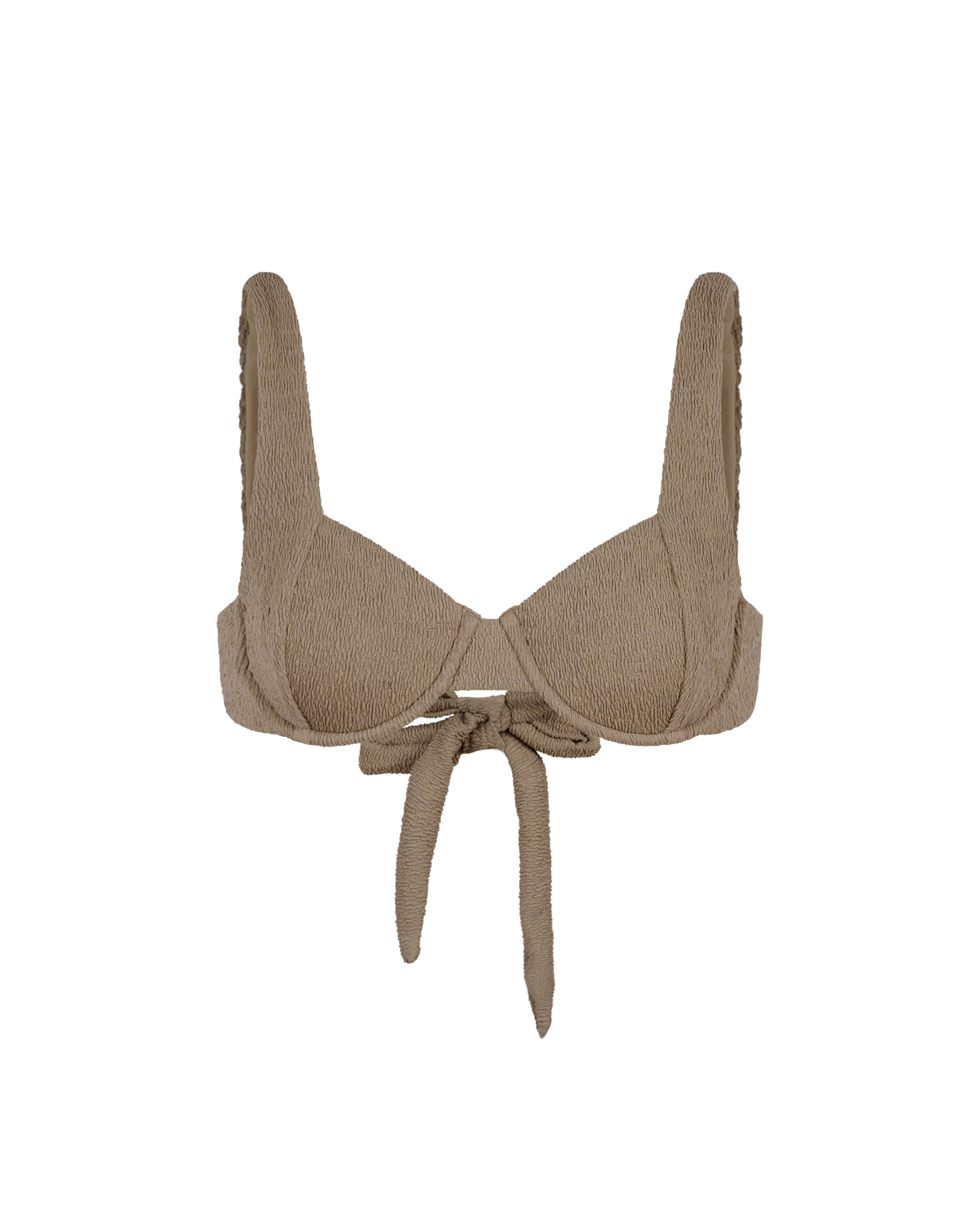 Beige bikini top with ties on a white background