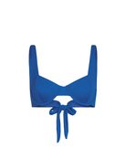 Blue bikini top with ties on a white background